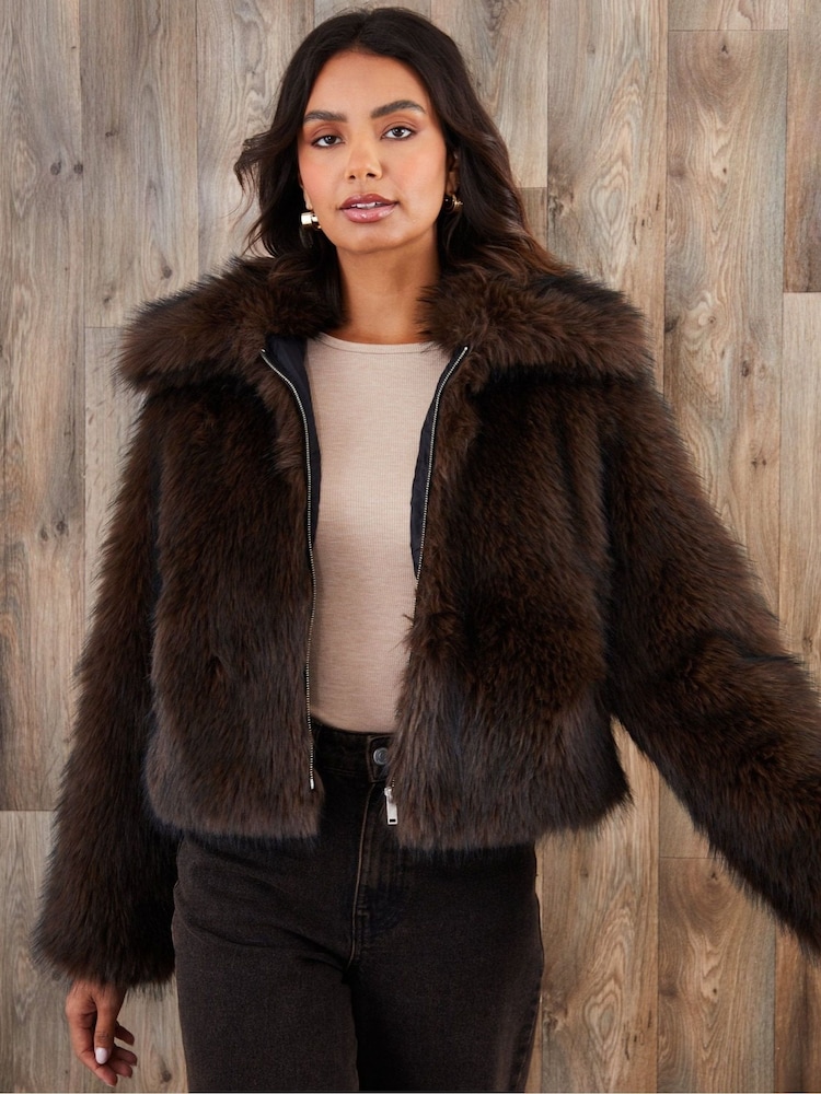 Threadbare Brown Faux Fur Zip Through Coat - Image 1 of 5