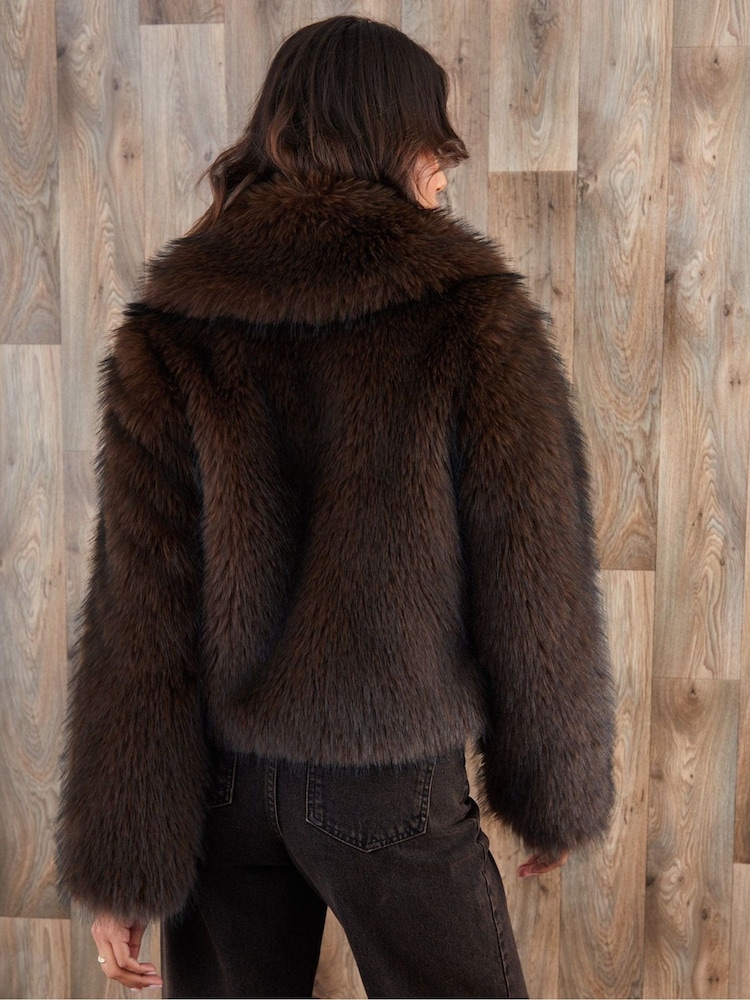 Threadbare Brown Faux Fur Zip Through Coat - Image 2 of 5