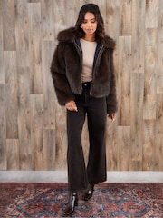 Threadbare Brown Faux Fur Zip Through Coat - Image 3 of 5