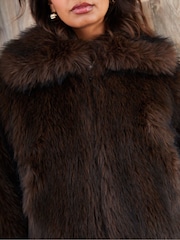 Threadbare Brown Faux Fur Zip Through Coat - Image 4 of 5