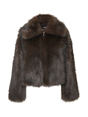 Threadbare Brown Faux Fur Zip Through Coat - Image 5 of 5