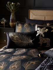 Laurence Llewelyn-Bowen Black/Gold Dandy Metallic Feather Jacquard Duvet Cover and Pillowcase Set - Image 1 of 2
