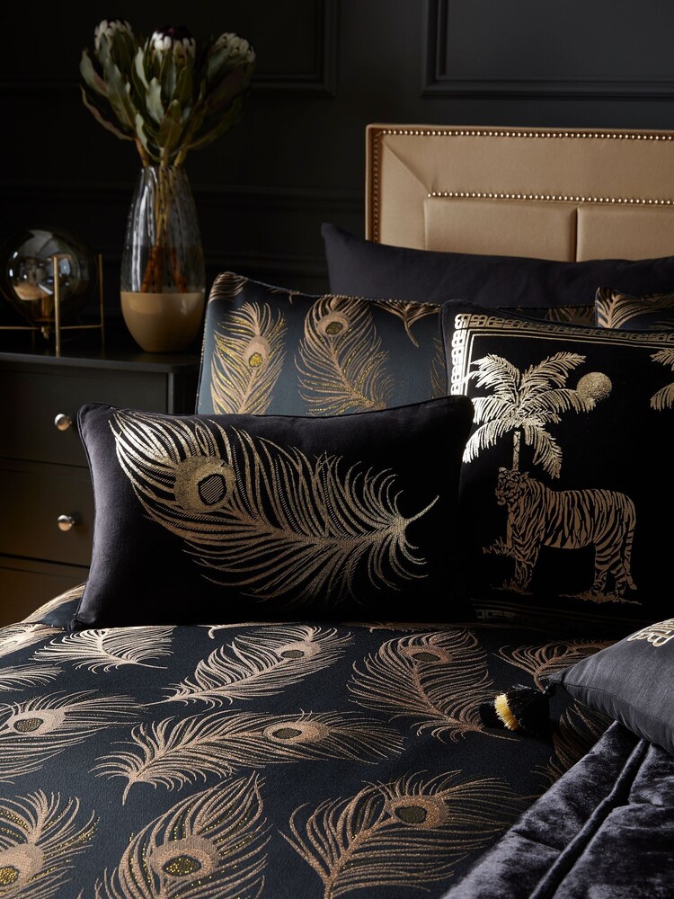 Laurence Llewelyn-Bowen Black/Gold Dandy Metallic Feather Jacquard Duvet Cover and Pillowcase Set - Image 1 of 2