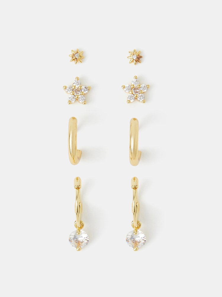 Accessorize Gold 14ct Plated Cubic Zirconia Stud & Hoop Earrings 4-Pack - Image 2 of 3 Accessorize Gold 14ct Plated Cubic Zirconia Stud & Hoop Earrings 4-Pack - Image 2 of 3