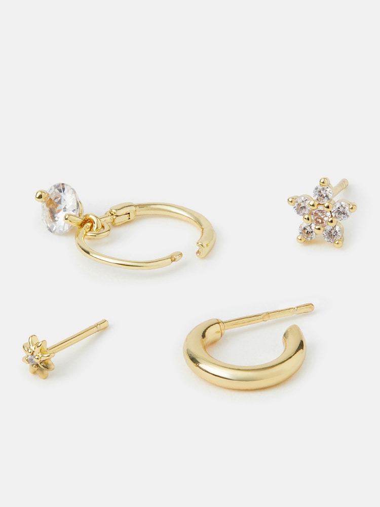 Accessorize Gold 14ct Plated Cubic Zirconia Stud & Hoop Earrings 4-Pack - Image 3 of 3 Accessorize Gold 14ct Plated Cubic Zirconia Stud & Hoop Earrings 4-Pack - Image 3 of 3