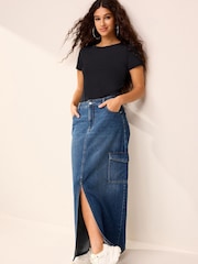 Mid Blue Cargo Denim Maxi Skirt - Image 1 of 6