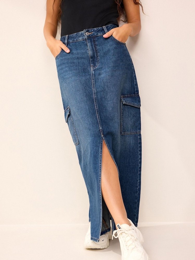 Mid Blue Cargo Denim Maxi Skirt - Image 2 of 6