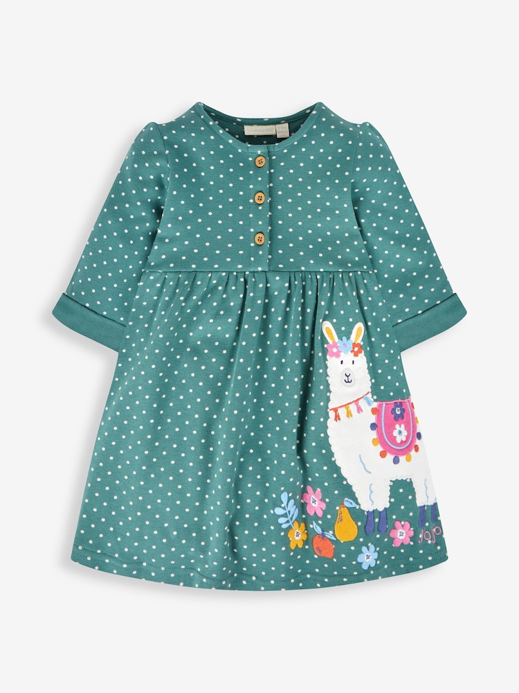 JoJo Maman Bébé Green Llama Appliqué Button Front Dress - Image 1 of 3