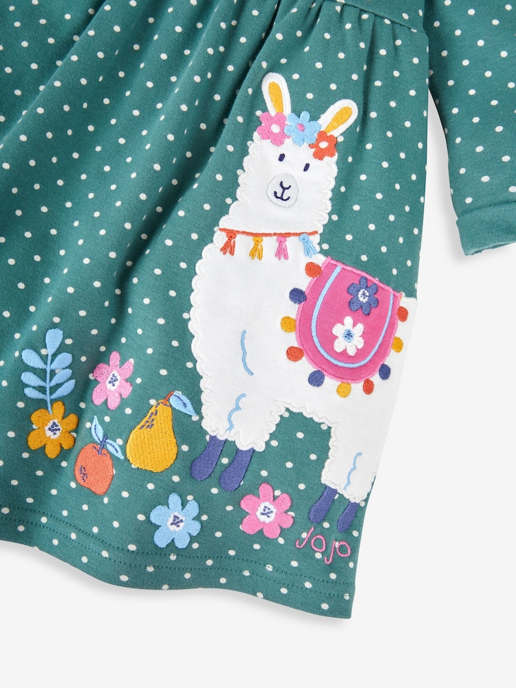 JoJo Maman Bébé Green Llama Appliqué Button Front Dress - Image 3 of 3