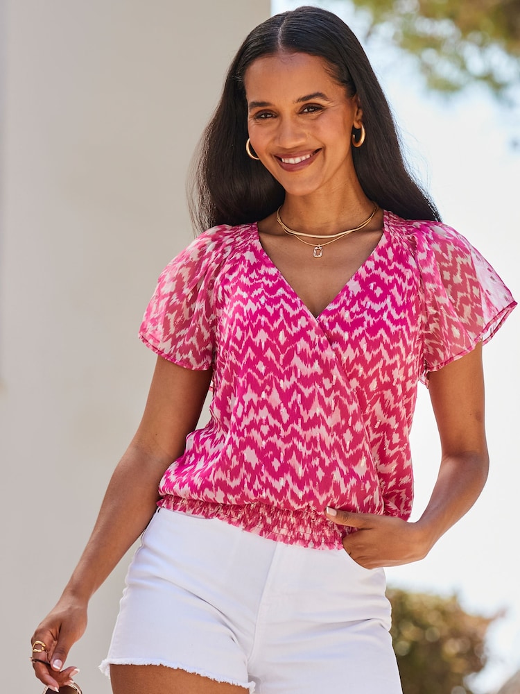 Sosandar Pink Metallic Geometric Print Shirred Hem Wrap Top - Image 1 of 5