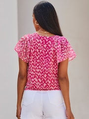 Sosandar Pink Metallic Geometric Print Shirred Hem Wrap Top - Image 2 of 5