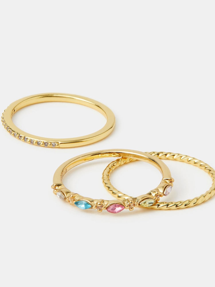 Accessorize Gold 14ct Plated Jewel Rings 3-Pack - Image 1 of 1 Accessorize Gold 14ct Plated Jewel Rings 3-Pack - Image 1 of 1