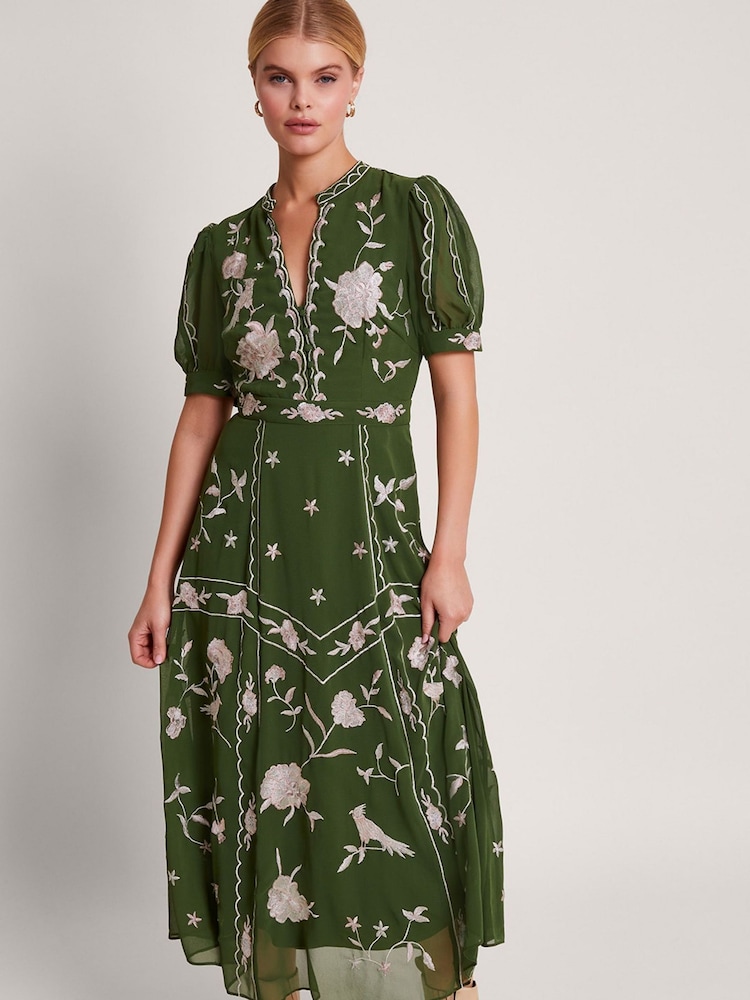Monsoon Green Grace Embroidered Dress - Image 1 of 5