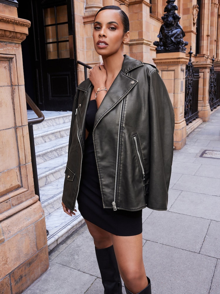 Black Distressed Faux Leather Biker Jacket - Image 1 of 5