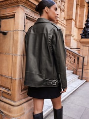 Black Distressed Faux Leather Biker Jacket - Image 2 of 5