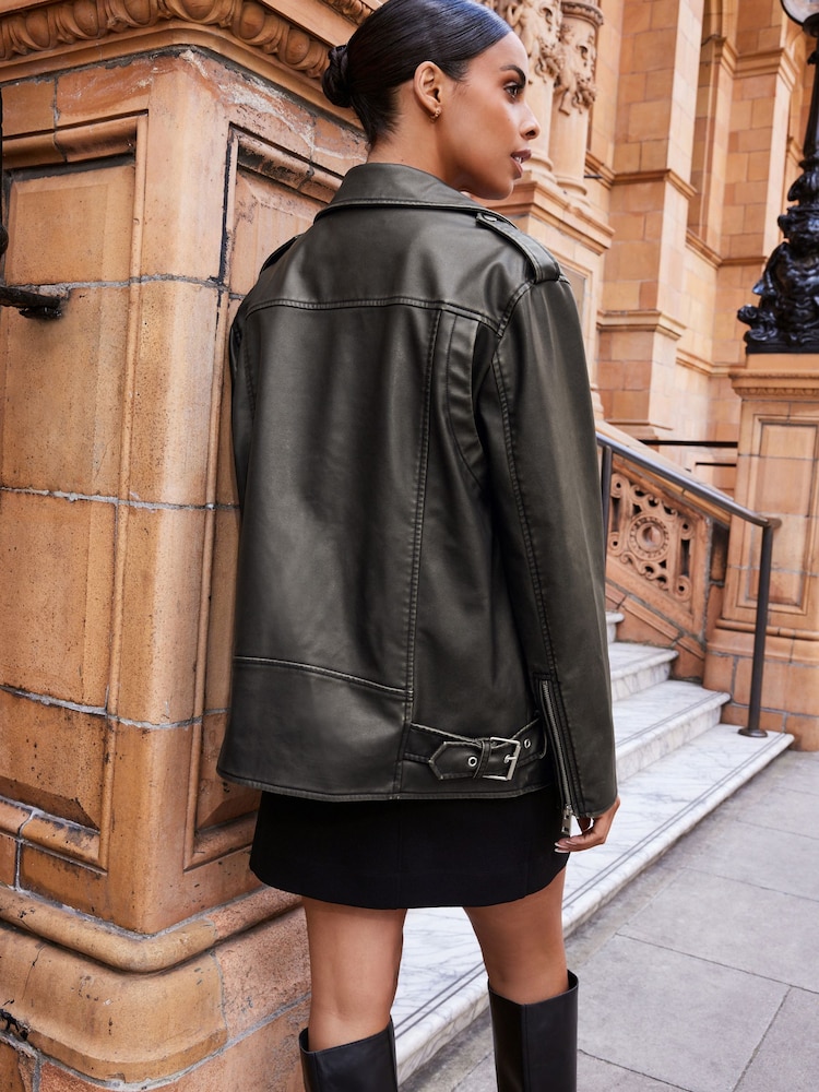 Black Distressed Faux Leather Biker Jacket - Image 2 of 5