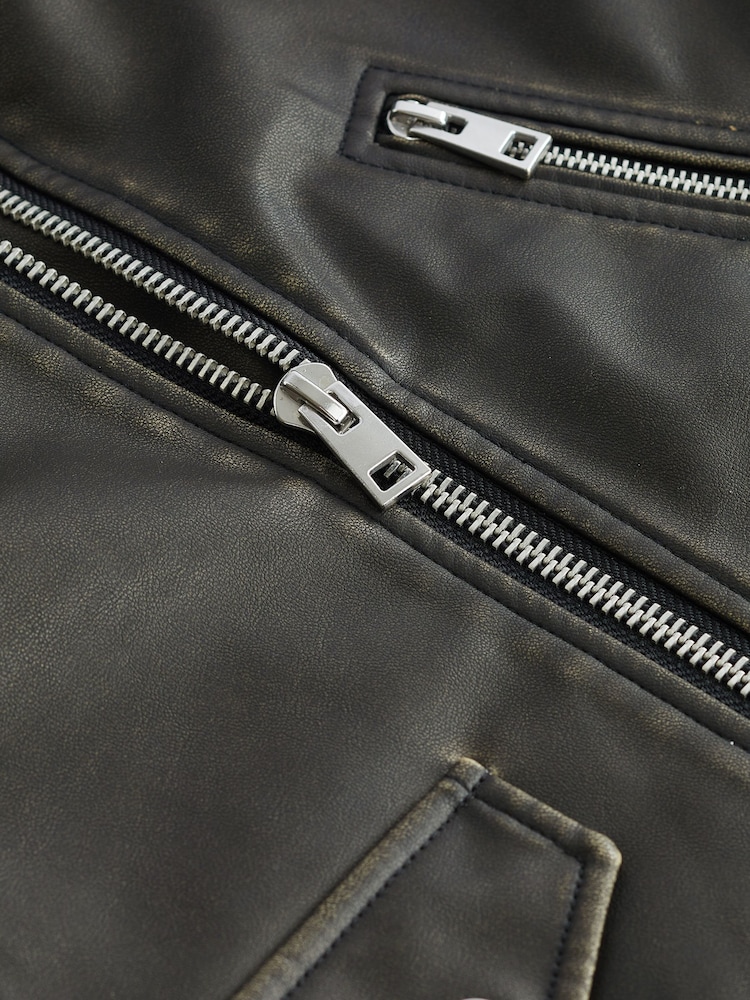 Black Distressed Faux Leather Biker Jacket - Image 5 of 5