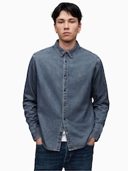 AllSaints Indigo Blue Washed Elm 100% Cotton Shirt - Image 1 of 7