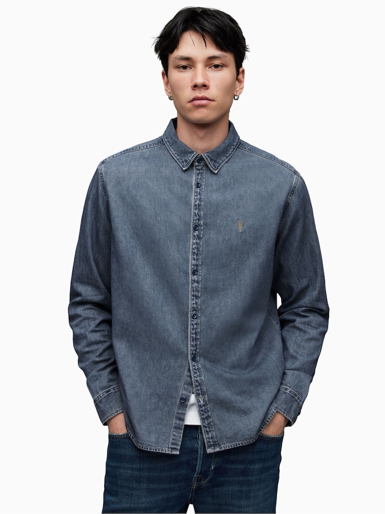 AllSaints Indigo Blue Washed Elm 100% Cotton Shirt - Image 1 of 7