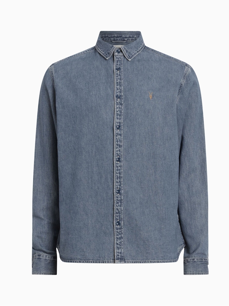 AllSaints Indigo Blue Washed Elm 100% Cotton Shirt - Image 7 of 7