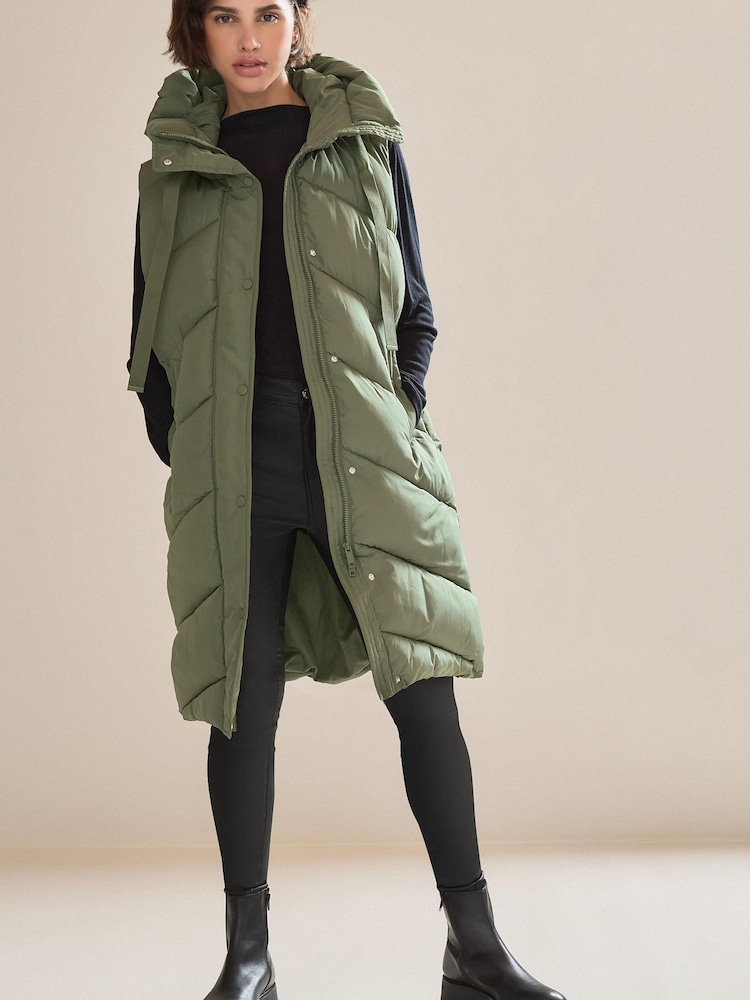 Khaki Green Longline Padded Gilet - Image 1 of 4