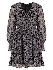 Pour Moi Black Alexandra Sparkle Jacquard Chiffon Frill Long Sleeve Short Dress - Image 3 of 4