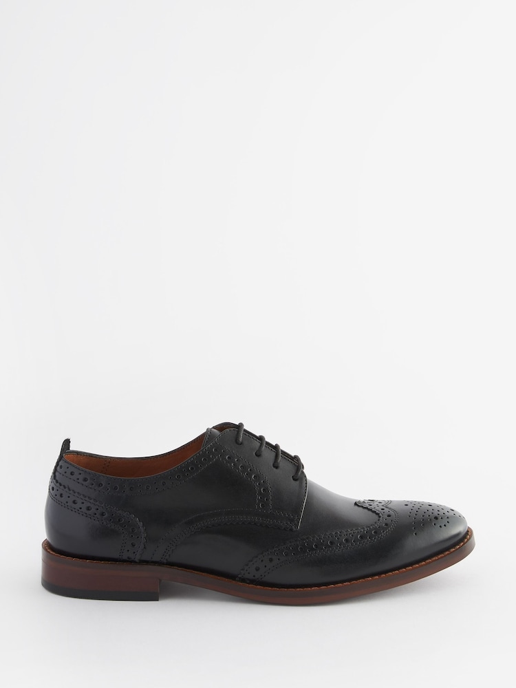 Black Wide Fit Leather Contrast Sole Brogue Shoes - Image 2 of 6