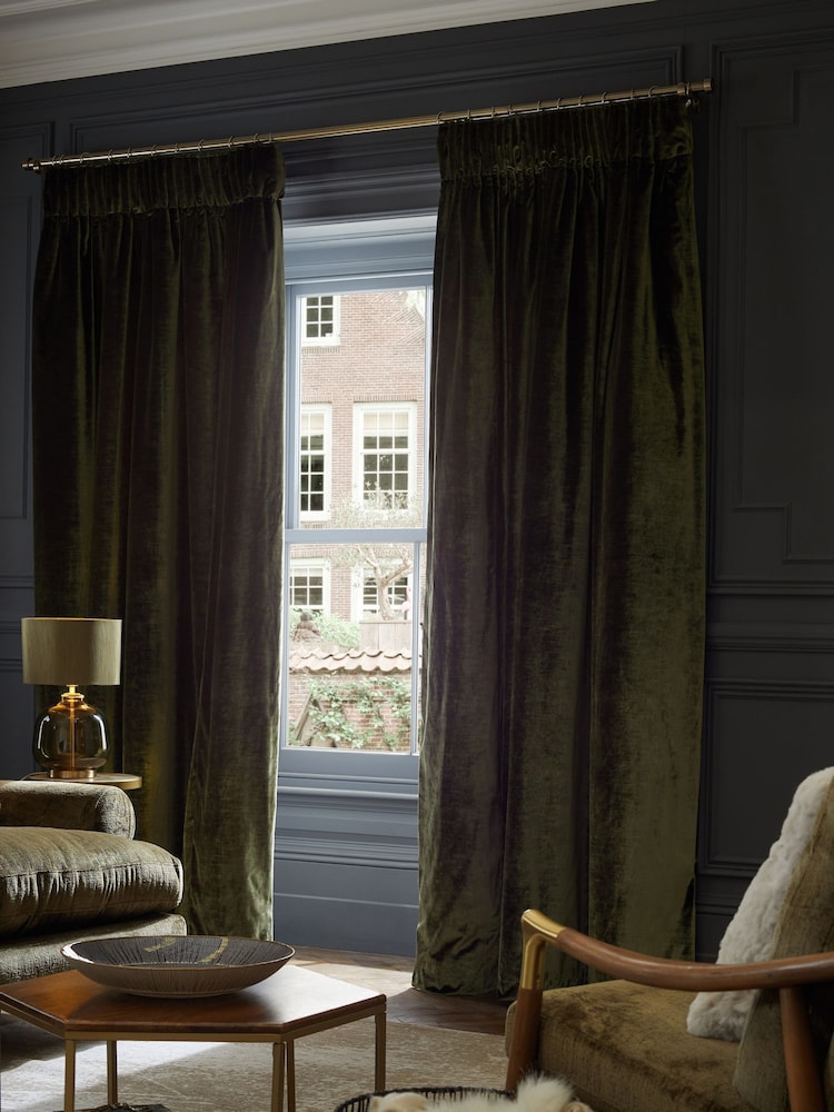 Olive Green Collection Luxe Heavyweight Super Thermal Plush Velvet Pencil Pleat Curtains - Image 1 of 4