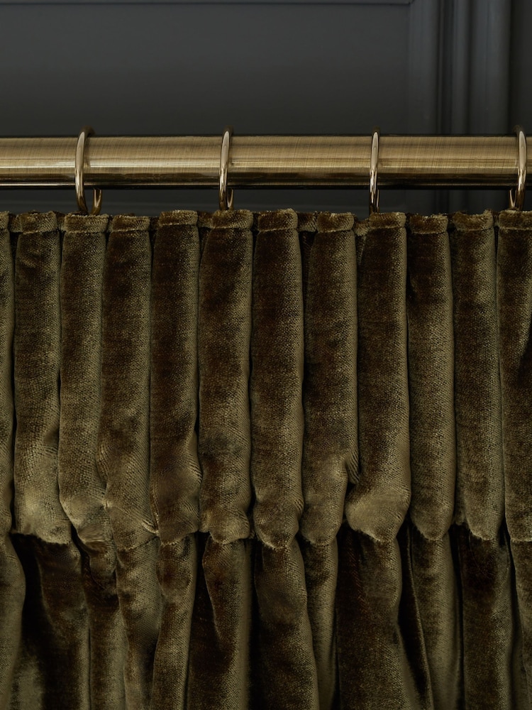Olive Green Collection Luxe Heavyweight Super Thermal Plush Velvet Pencil Pleat Curtains - Image 2 of 4