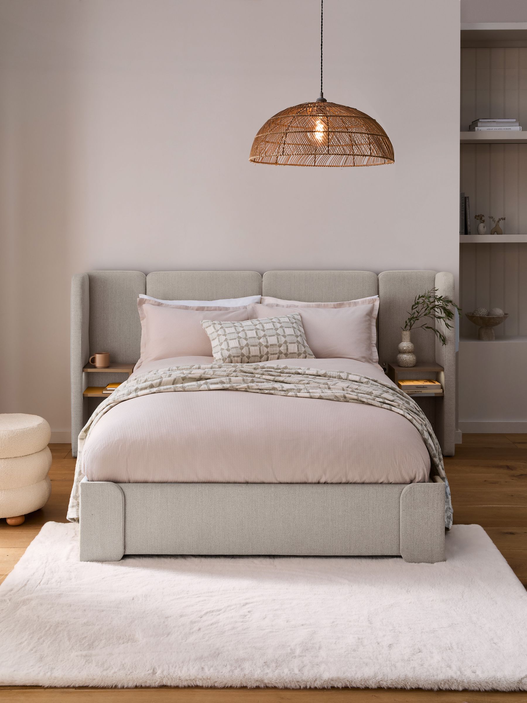 Buy Contemporary Blend Light Natural Wynn Upholstered Ottoman Storage Hotel Bed Frame With Bedside Tables and Lights from the Next UK online shop