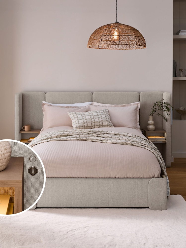Contemporary Blend Light Natural Wynn Upholstered Ottoman Storage Hotel Bed Frame With Bedside Tables and Lights - Image 1 of 9