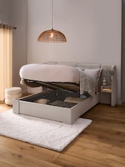 Contemporary Blend Light Natural Wynn Upholstered Ottoman Storage Hotel Bed Frame With Bedside Tables and Lights - Image 2 of 9