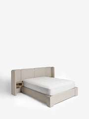 Contemporary Blend Light Natural Wynn Upholstered Ottoman Storage Hotel Bed Frame With Bedside Tables and Lights - Image 8 of 9