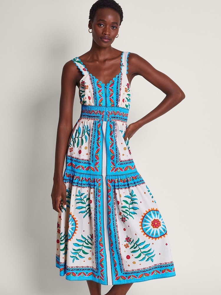 Monsoon Multi 100% Cotton Anya Border Print Dress - Image 1 of 5 Monsoon Multi 100% Cotton Anya Border Print Dress - Image 1 of 5