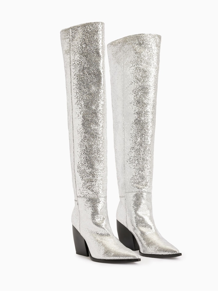 AllSaints Silver Reina Metallic Boots - Image 2 of 5