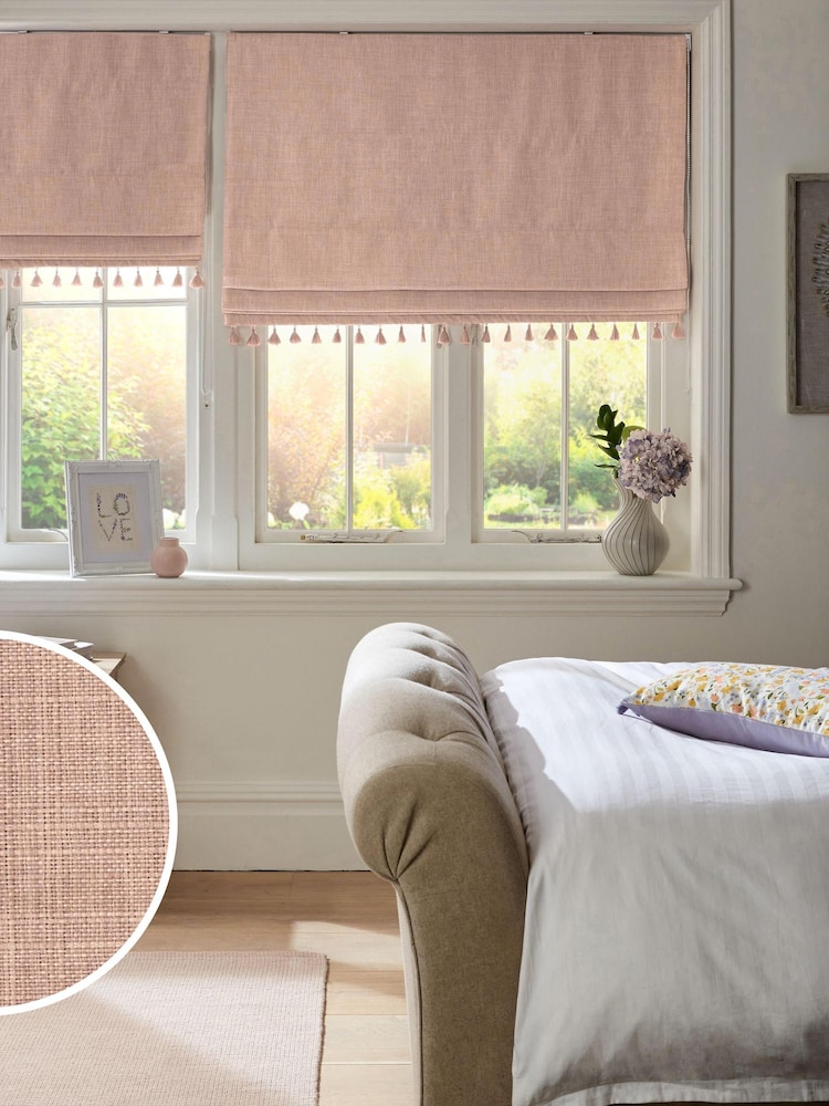 Blush Pink Ready Made Textured Tassel Edge Blackout Roman Blinds - Image 1 of 7