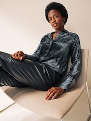 Blue Velvet Pattern Long Sleeve Tie Front Shirt - Image 1 of 6