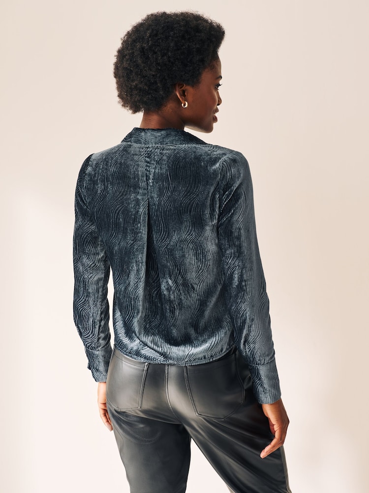 Blue Velvet Pattern Long Sleeve Tie Front Shirt - Image 3 of 6