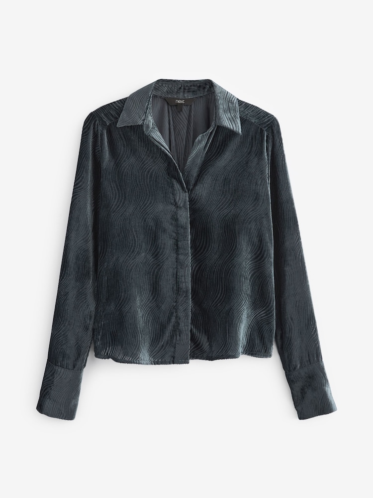 Blue Velvet Pattern Long Sleeve Tie Front Shirt - Image 5 of 6