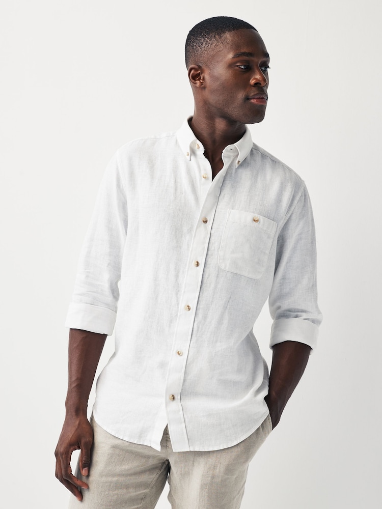White Standard Collar Linen Blend Long Sleeve Oxford 100% Cotton Shirt - Image 1 of 5