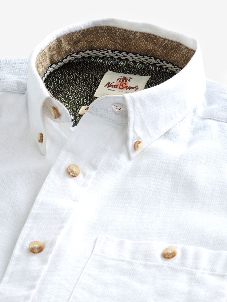 White Standard Collar Linen Blend Long Sleeve Oxford 100% Cotton Shirt - Image 5 of 5