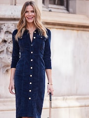 Sosandar Blue 3/4 Length Sleeve Velvet Pencil Dress - Image 3 of 3