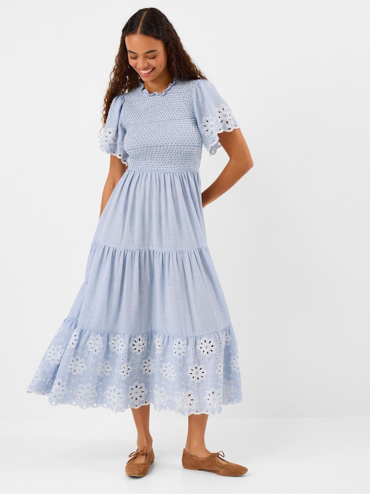 Accessorize Blue Smocked Cutwork Midi Dress - Image 1 of 4
