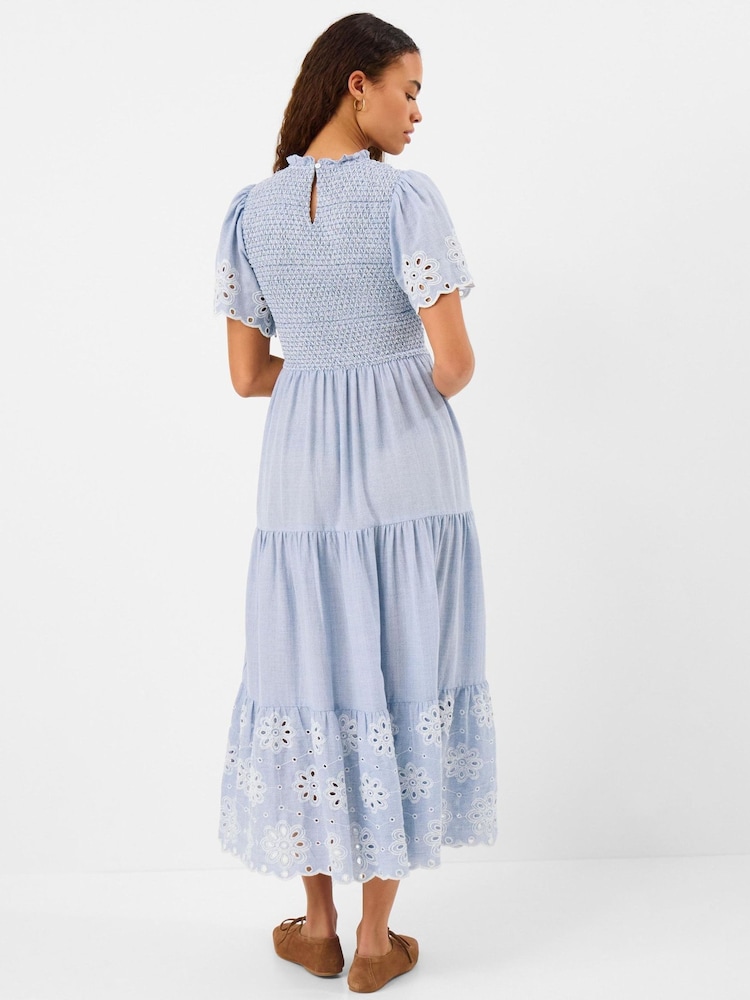 Accessorize Blue Smocked Cutwork Midi Dress - Image 2 of 4