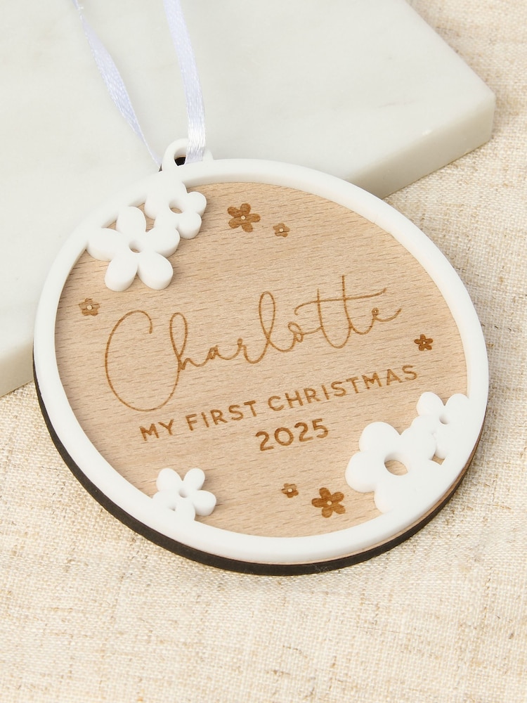 Personalised Flower Border First Christmas Decoration by No Ordinary Gift - Image 2 of 2