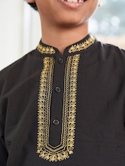 Black Shirt Length Embroidered Boys Kurta (3-16yrs) - Image 3 of 6