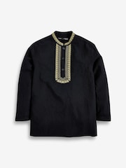 Black Shirt Length Embroidered Boys Kurta (3-16yrs) - Image 4 of 6