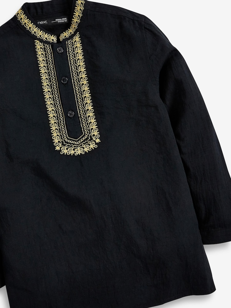 Black Shirt Length Embroidered Boys Kurta (3-16yrs) - Image 6 of 6