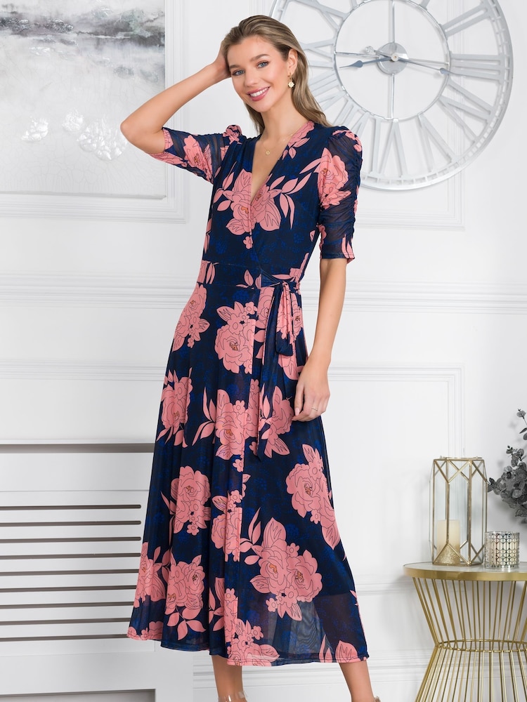 Jolie Moi Blue Winona Mesh Wrap Maxi Dress - Image 1 of 6