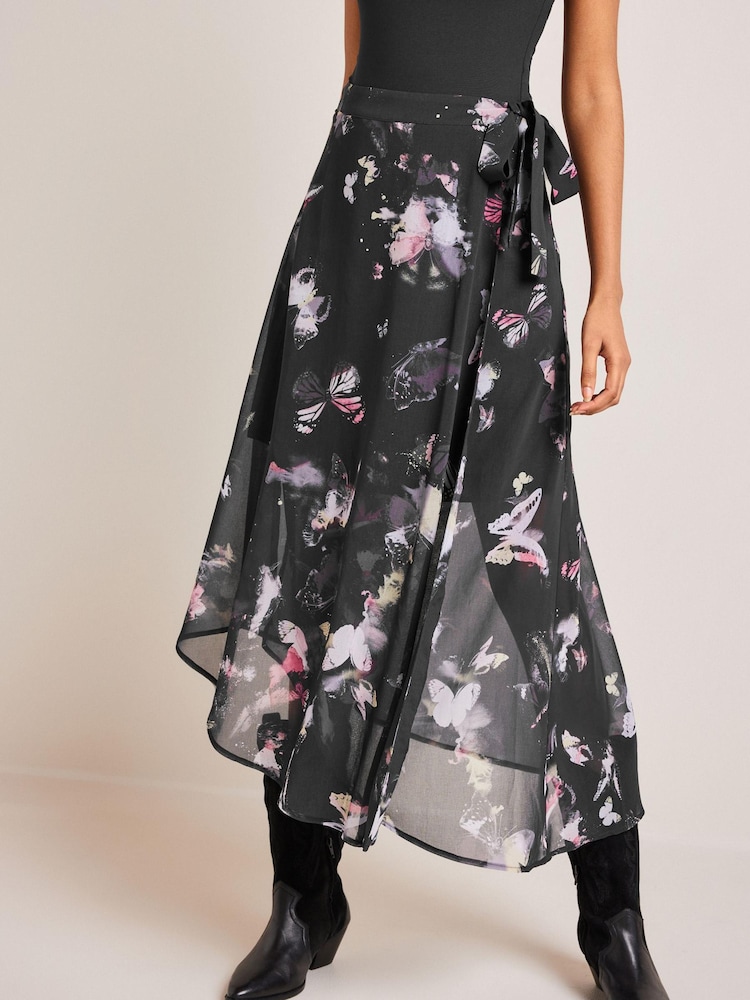 Black Butterfly Print Asymmetric Hem Skirt - Image 2 of 6